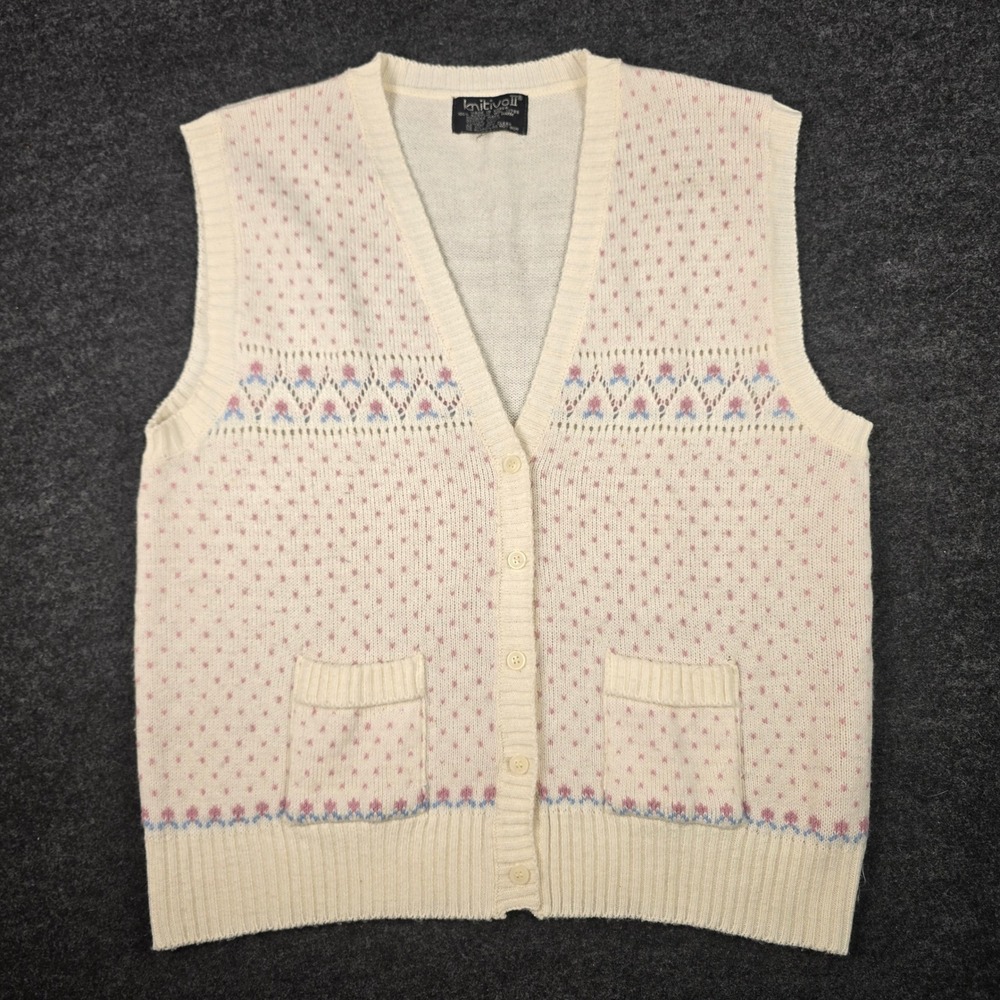 Knitivo Womens Cream Pink Sweater Vest Button Front Fair Isle CottageCore Size M